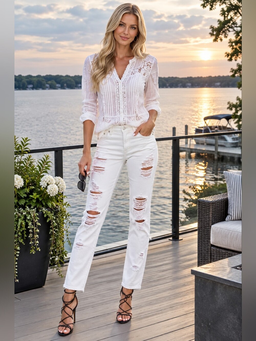 Frame Denim White Distressed Straight-Leg Jeans